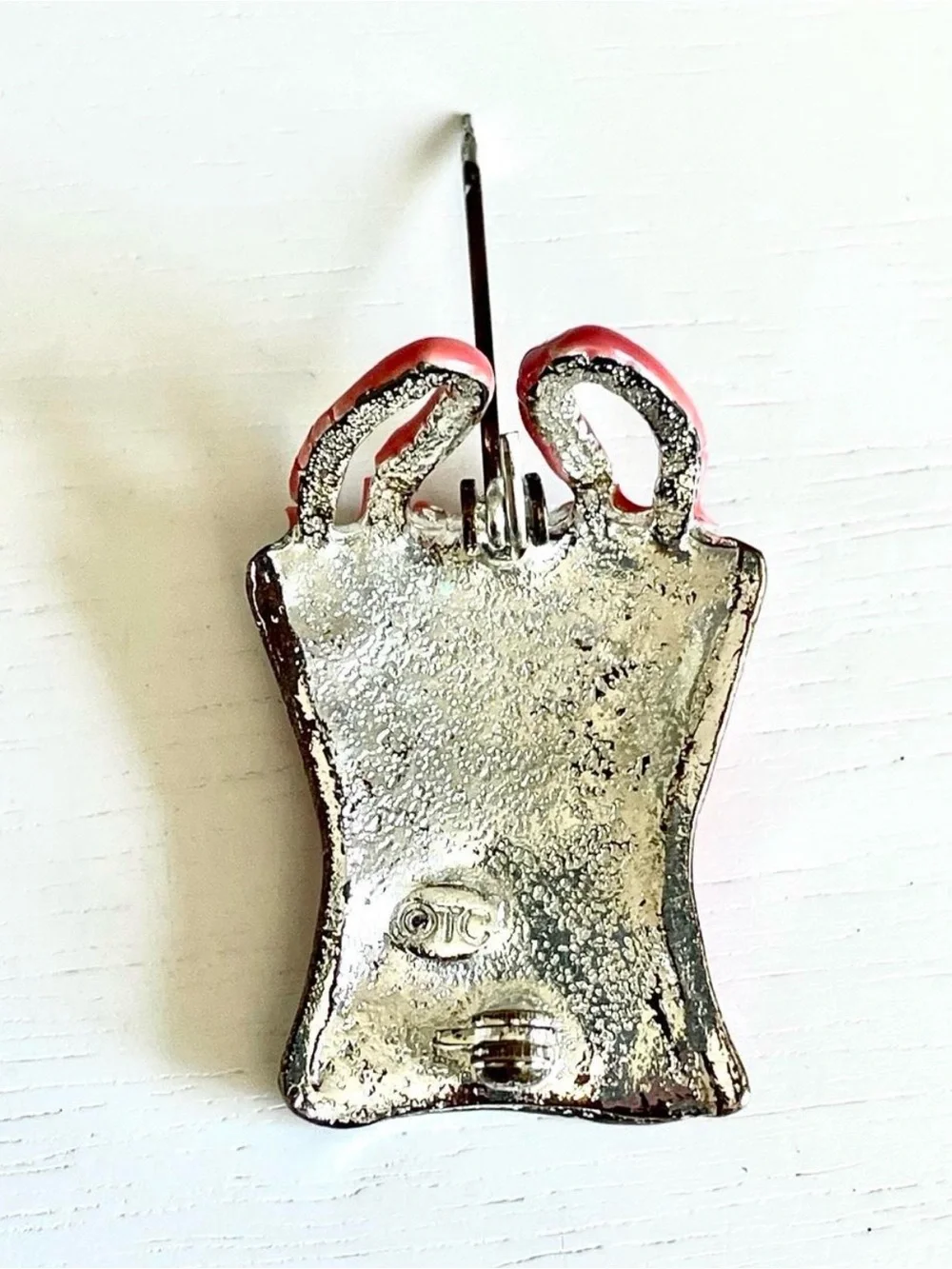 Tanya Creations Vintage Red Enamel Corset Brooch AB Rhinestones Pin Up Burlesque